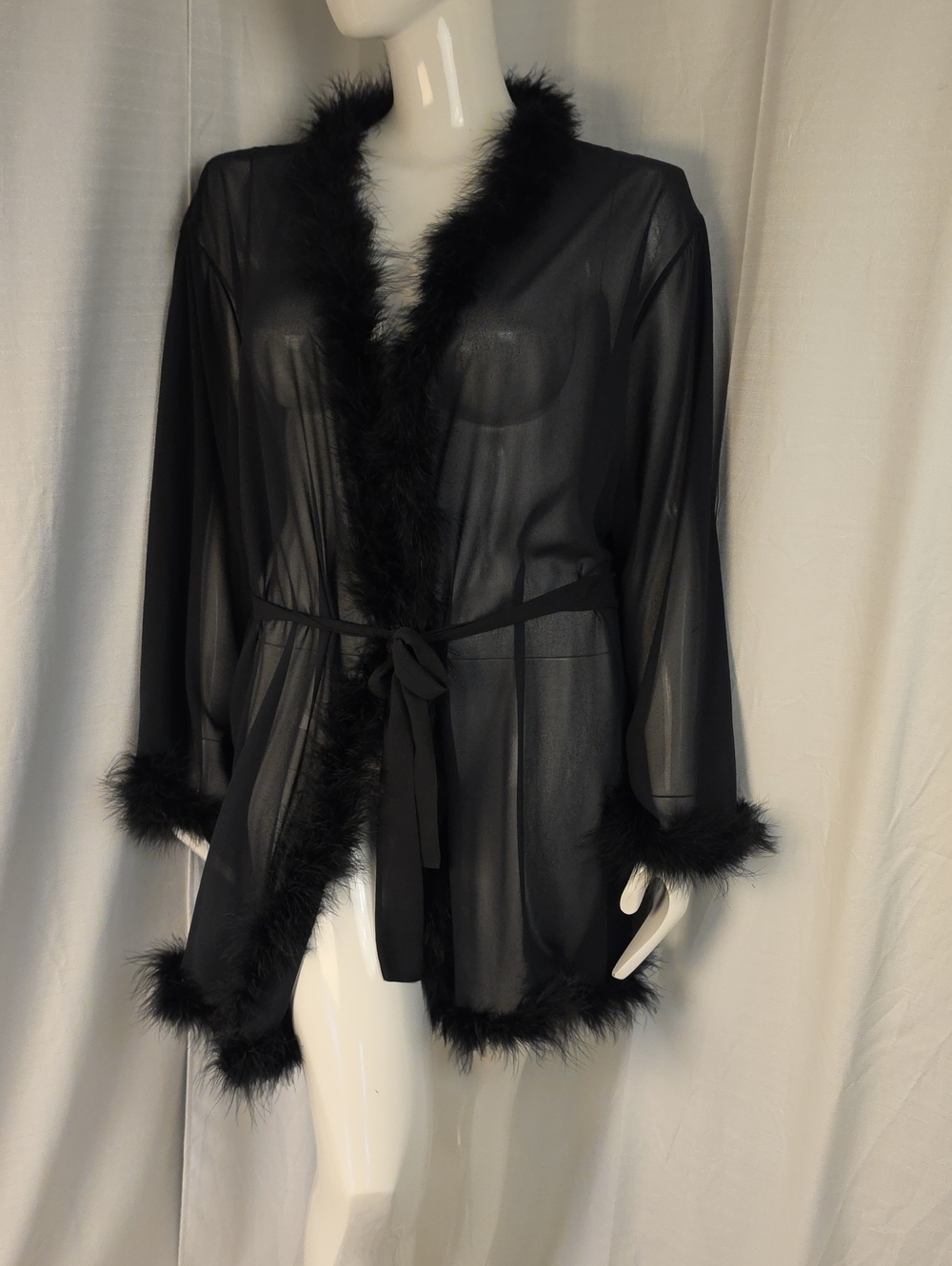 Fox & Royal Black Sheer Peignoir Robe with Feather Marabou Trim Size XL